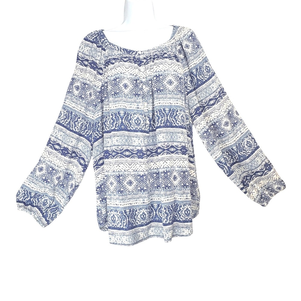 CHAPS DENIM Women's XL Blue‎ White Boho Print Long Sleeve Blouse Top